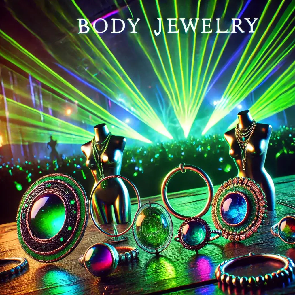 Vibrant display of RaveFather body jewelry collection – premium, stylish adornments perfect for enhancing your festival look.