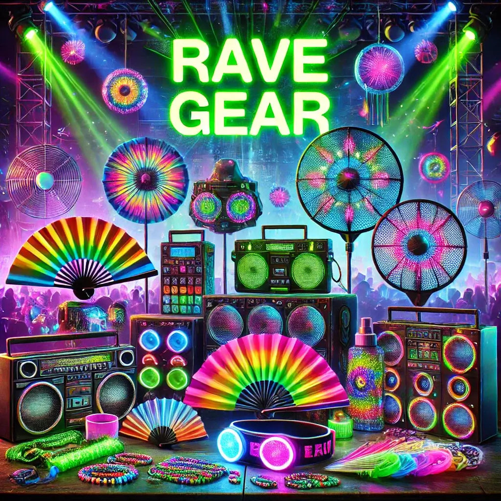 Vibrant collection of rave gear including glowing accessories and festival essentials, capturing the ultimate rave experience with neon lights and colorful designs.