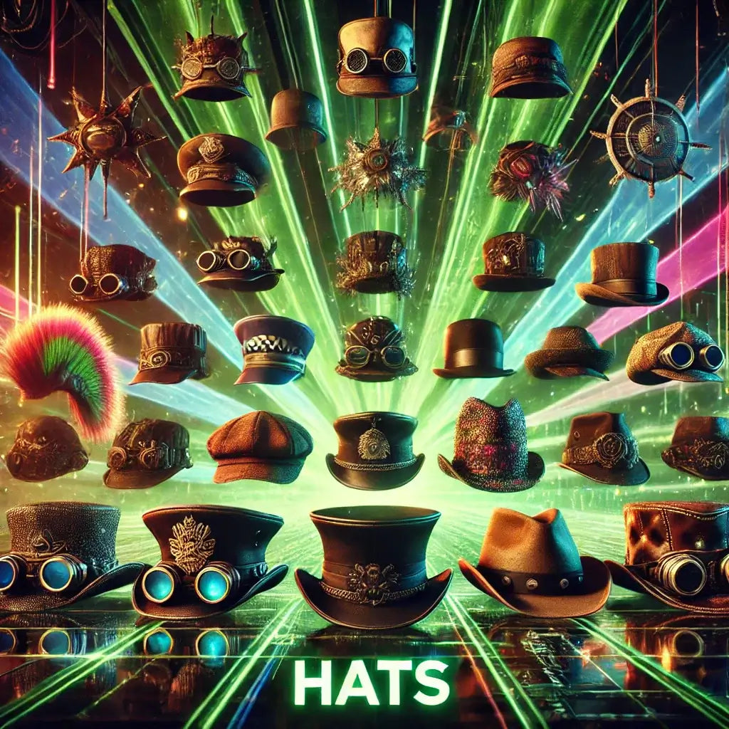 Colorful display of stylish RaveFather hats collection – a variety of trendy, affordable headwear perfect for festivals and events.