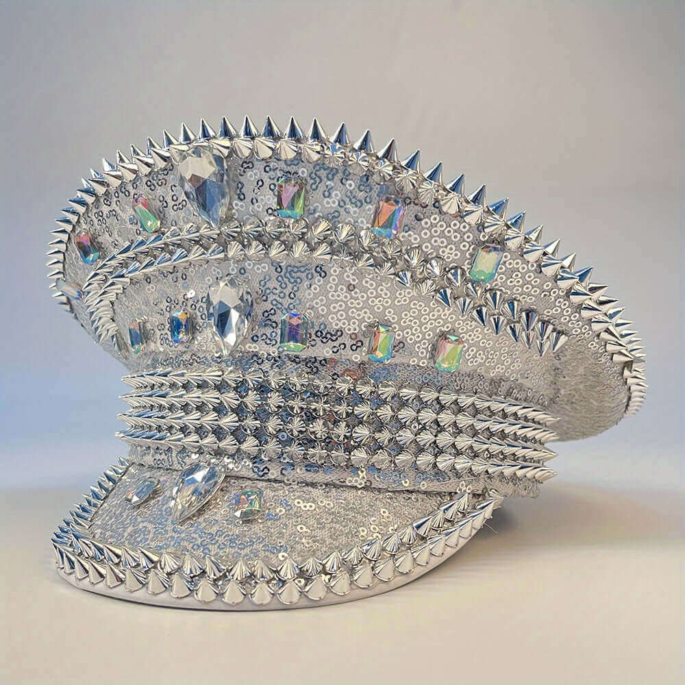 RaveFather Spiked Commander Hat in silver, displaying detailed craftsmanship