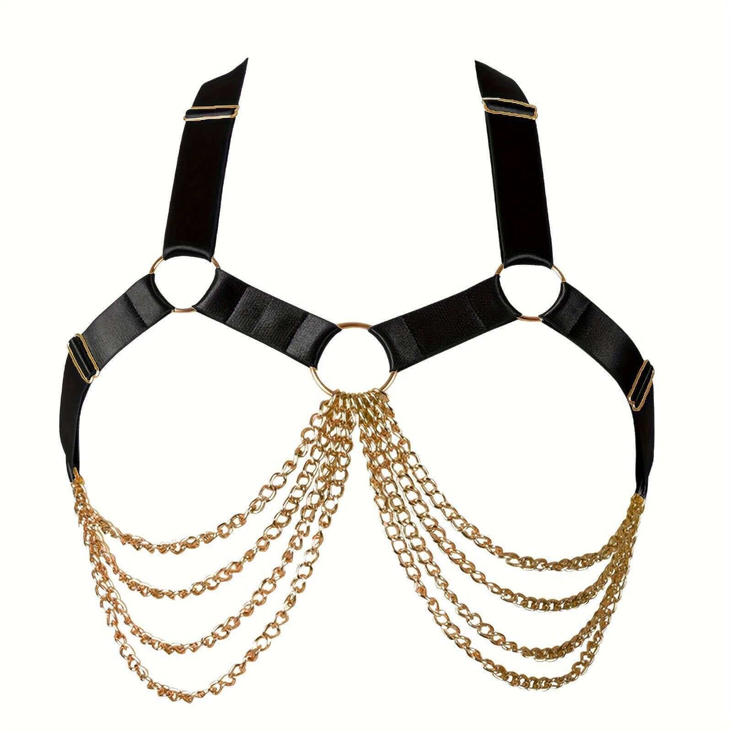 RaveFather adjustable body chain harness with gothic design, featuring bold black straps and elegant gold chains, perfect for festivals.