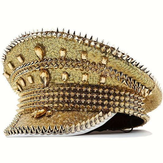 RaveFather Gold Spike Studded Festival Cap featuring vibrant gold sequins and bold spikes