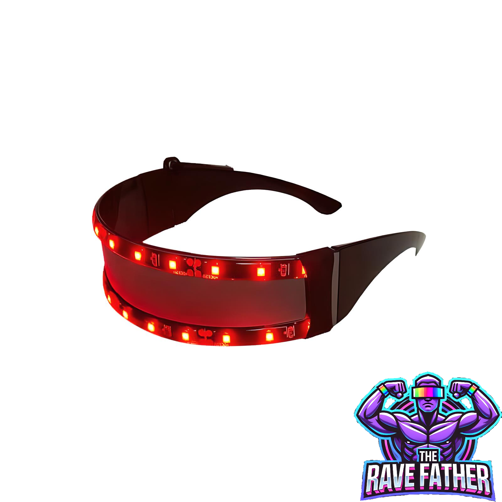 RaveFather Celestial Harmony Rave Glasses with red LED lights illuminating the night with artistic brilliance and vibrant light patterns.