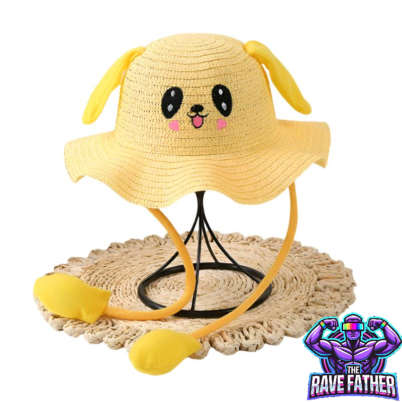 RaveFather Cute Cartoon Rabbit Straw Hat with Adorable Movable Ears for Kids, Perfect for Festivals and Sun Protection