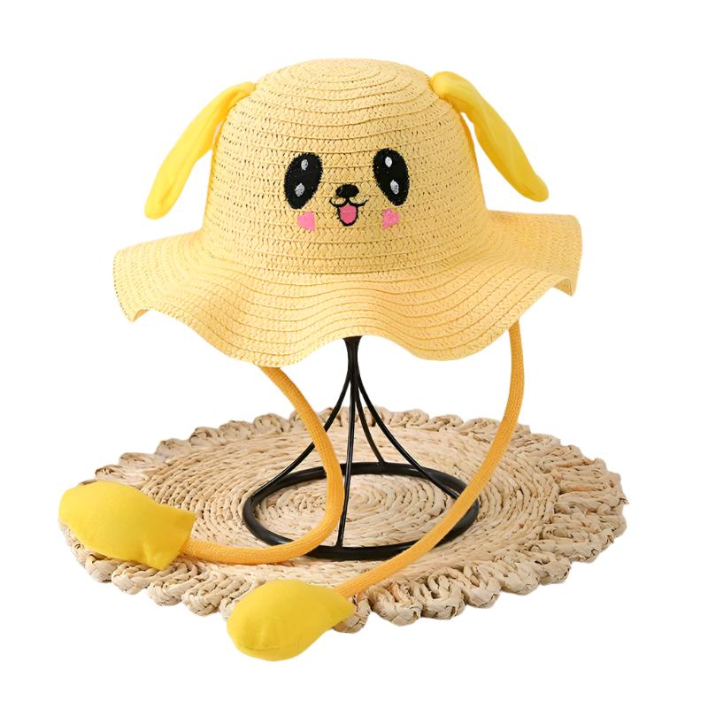 RaveFather Cute Cartoon Rabbit Straw Hat with Movable Ears for Kids Sun Protection