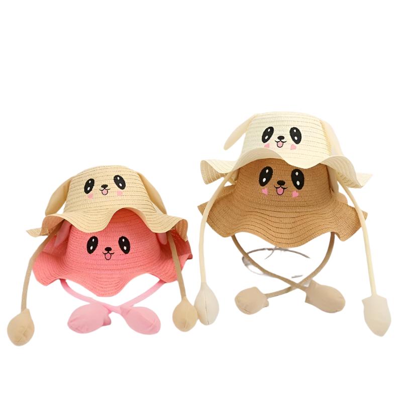 RaveFather cute cartoon rabbit straw hats with movable ears in pink and beige, ideal for children's sun protection and outdoor fun.