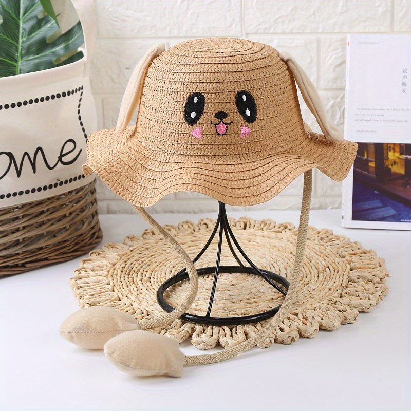 RaveFather cute cartoon rabbit straw hat with movable ears on a stand, perfect for sun protection and fun outdoor activities