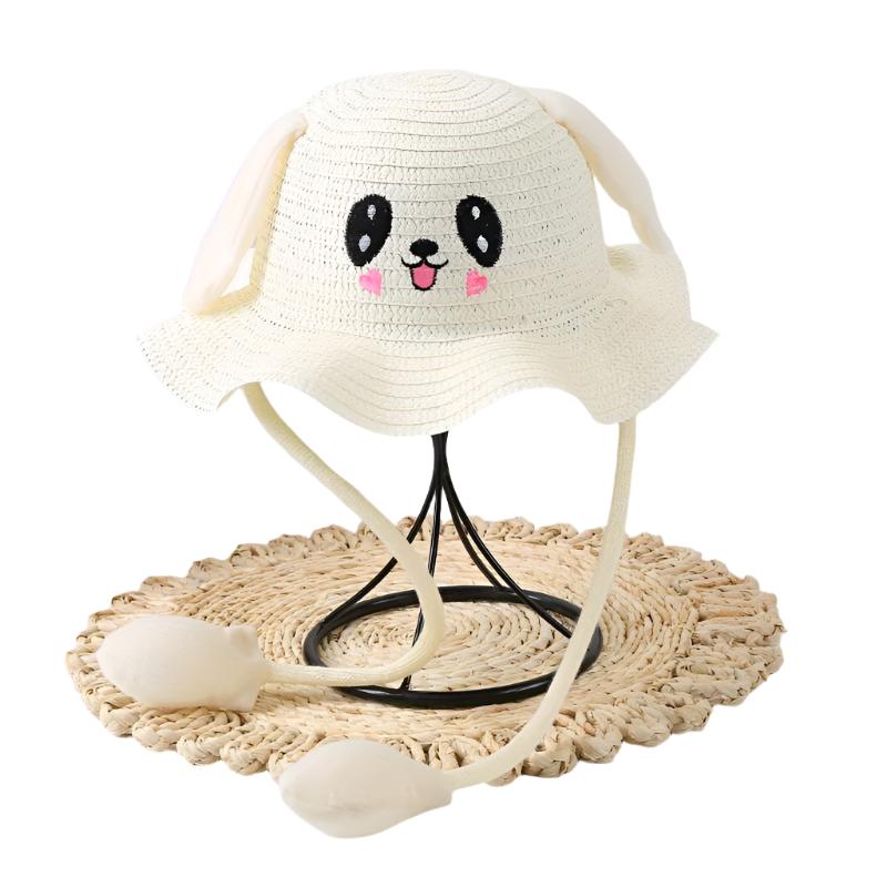 RaveFather cute cartoon rabbit straw hat with movable ears for fun and sun protection on woven mat