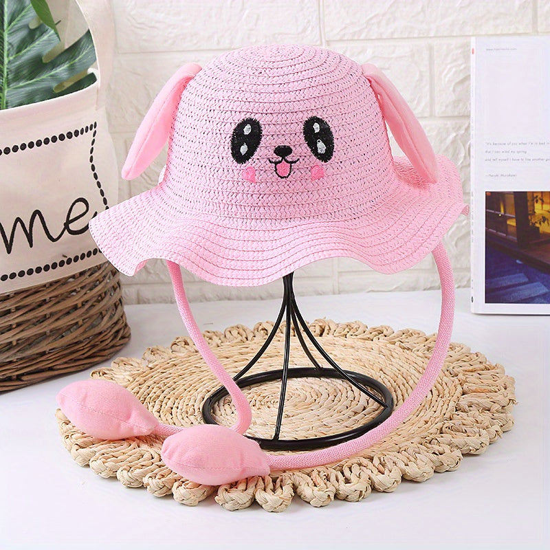 RaveFather cute cartoon rabbit straw hat with movable bunny ears for kids' sun protection and festival fun