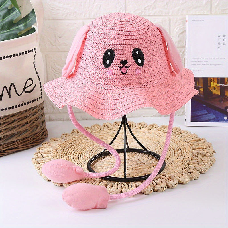 Pink RaveFather Straw Hat with Cute Cartoon Rabbit Face and Movable Ears for Kids' Sun Protection