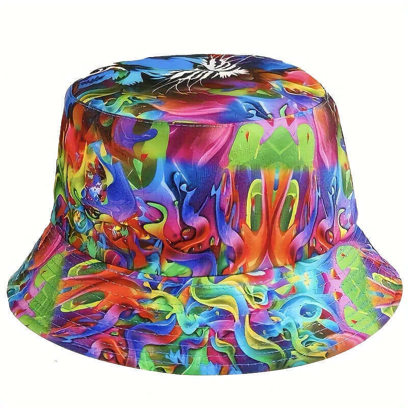 RaveFather reversible tie-dye bucket hat with vibrant festival colors, perfect for streetwear and rave enthusiasts looking to stand out.