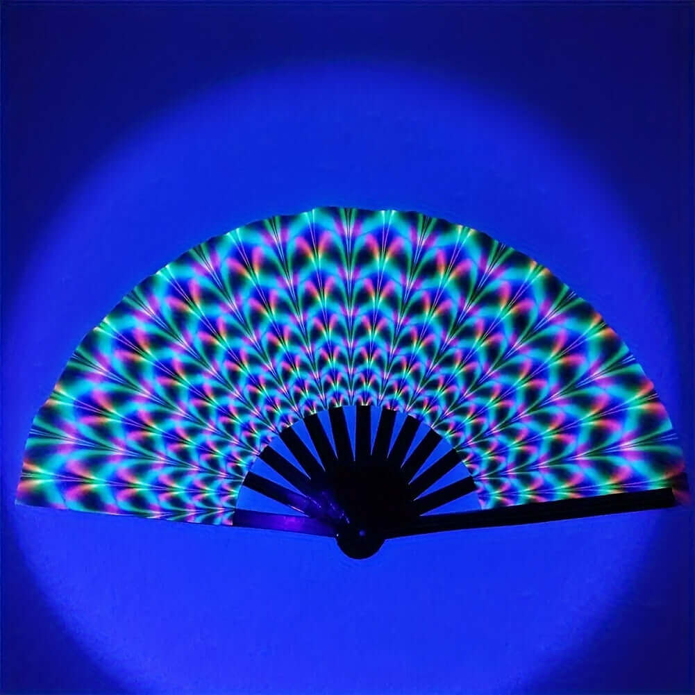 Colorful RaveFather UV Glow Folding Fan with psychedelic design, perfect for festivals and raves, glowing brilliantly under UV light.