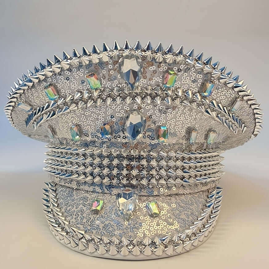 RaveFather Spiked Commander Hat in silver, displaying detailed craftsmanship