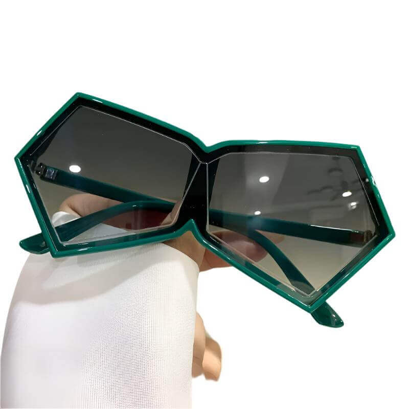 RaveFather CyberChic Geometric Sunglasses with green angular frames and dark lenses ideal for futuristic festival fashion.