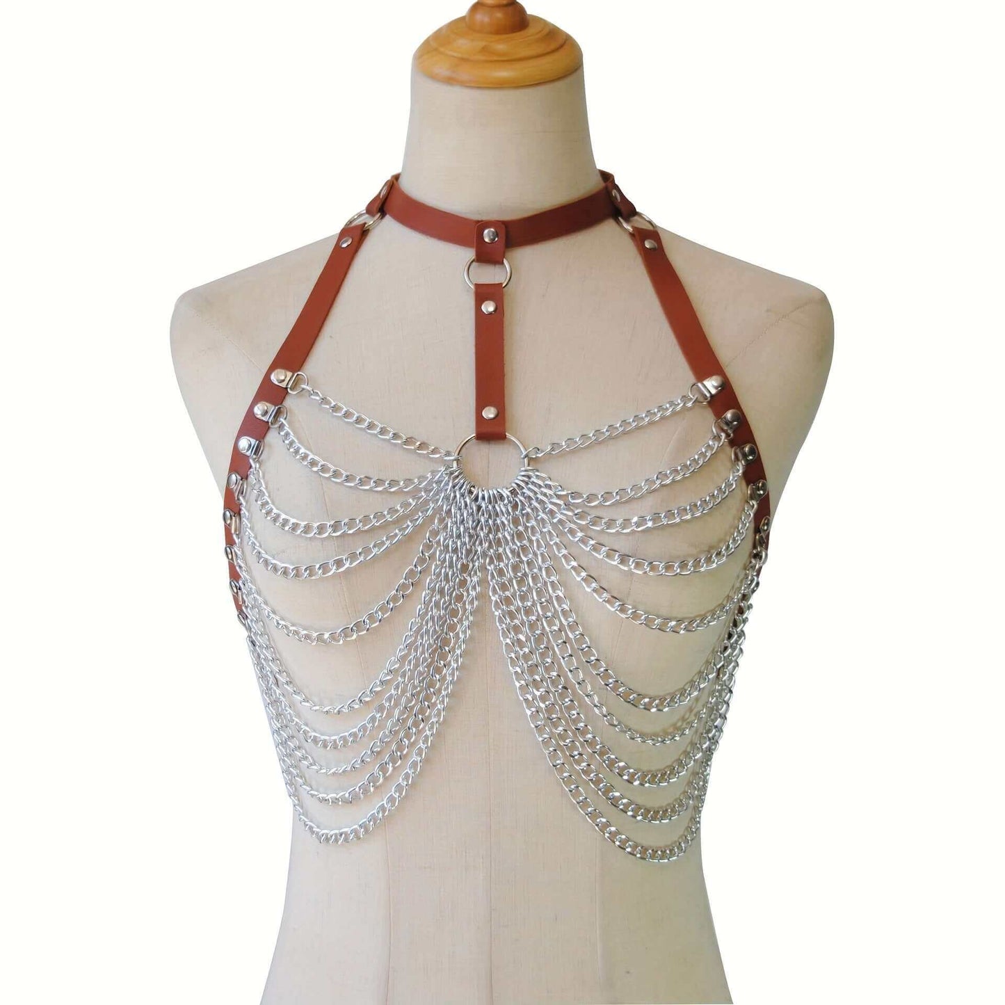 Mannequin wearing RaveFather Faux Leather & Chain Bralette to demonstrate its bold festival style