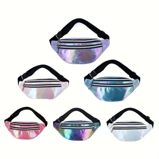 Collection of RaveFather Galactic Glow Holographic Fanny Packs in various vibrant colors, perfect for festivals and raves.