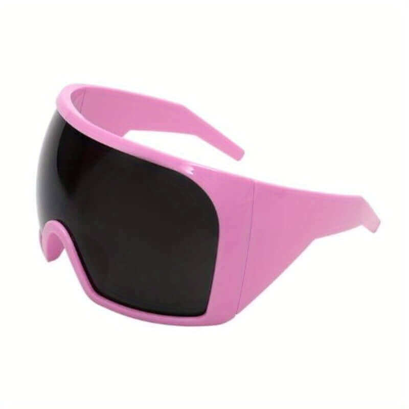 RaveFather Eclipse Enigma Sunglasses with pink frames and black lenses, combining futuristic design with timeless elegance for a unique style.