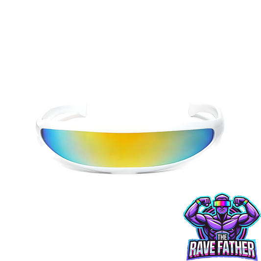 RaveFather Cyber Matrix Cyclops Sunglasses with futuristic mirrored lens and white frame