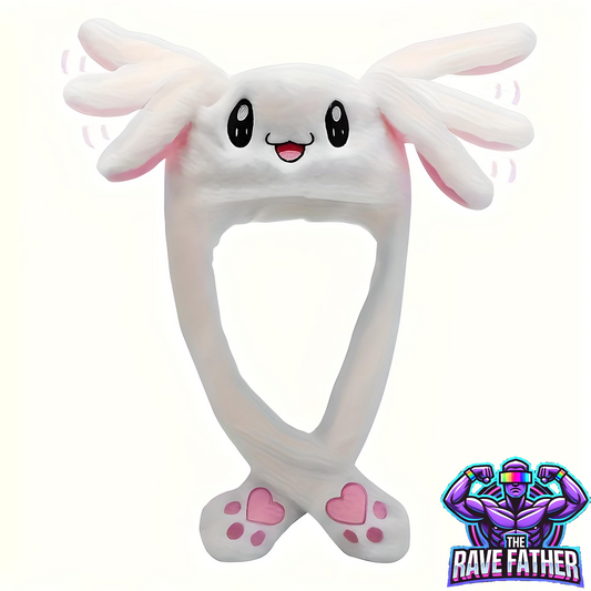 RaveFather Bunny Ear Jumping Plush Hat with soft faux fur and animated ears, playful and festive rave accessory for parties and festivals.