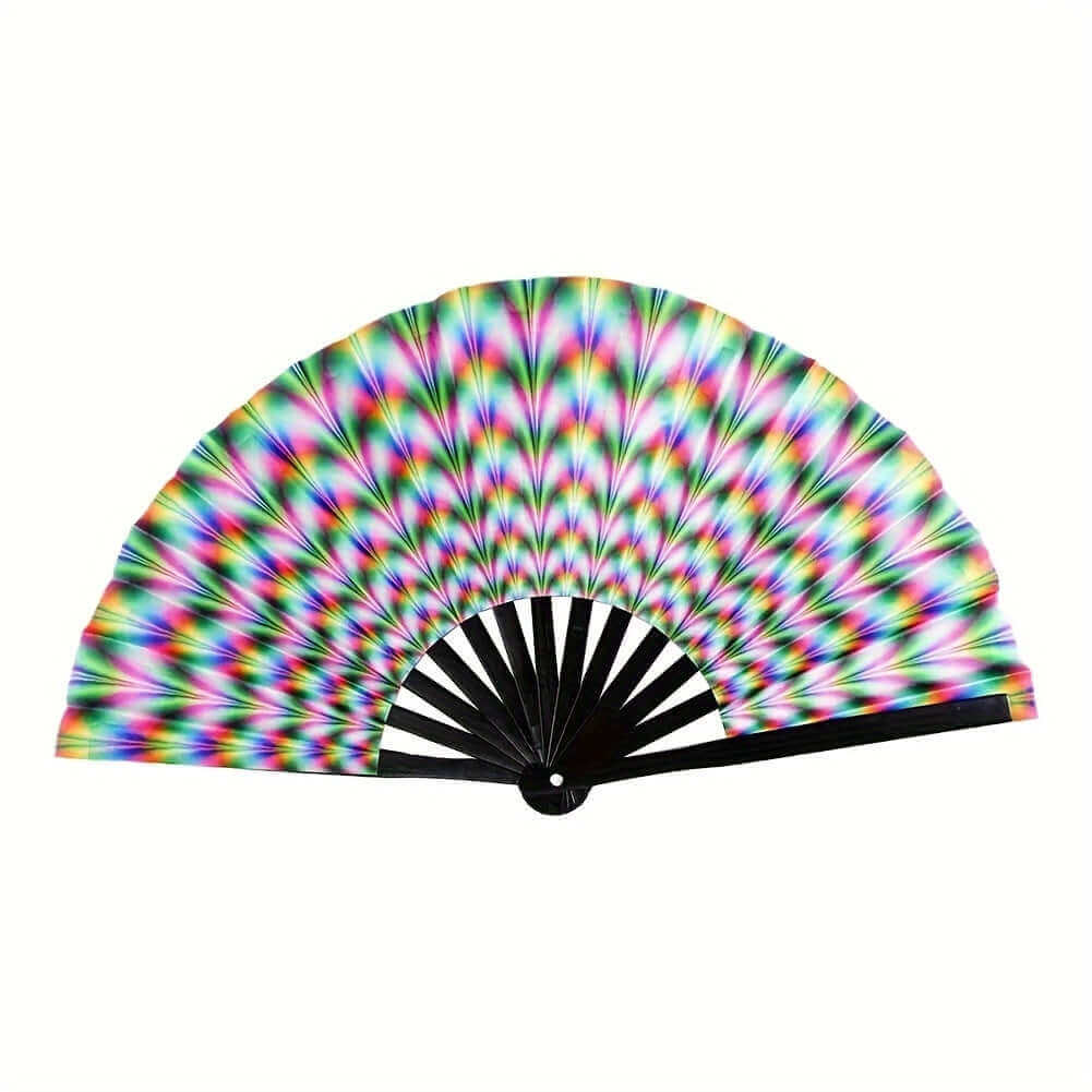 RaveFather UV Glow Folding Fan with vibrant psychedelic design, perfect accessory for raves and festivals, English