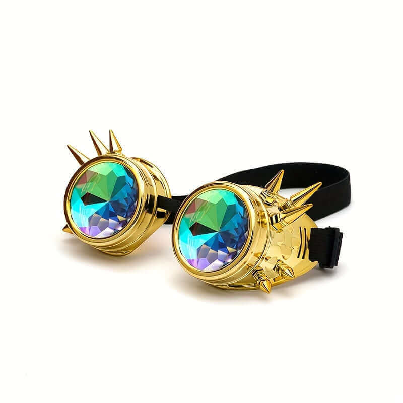 RaveFather Mind-Bending Visuals Piss Goggles with gold frame and vibrant, colorful lenses featuring an artistic spiked design