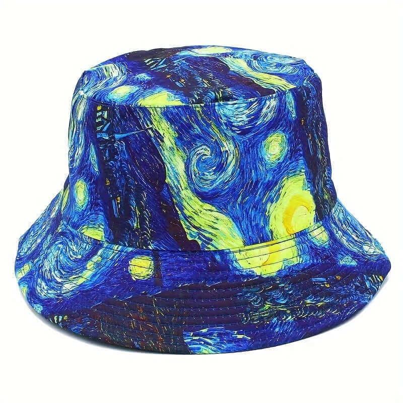 RaveFather Retro Starry Sky Bucket Hat in oil painting style, vibrant blue and yellow, perfect for outdoor events, casual wear, and festivals