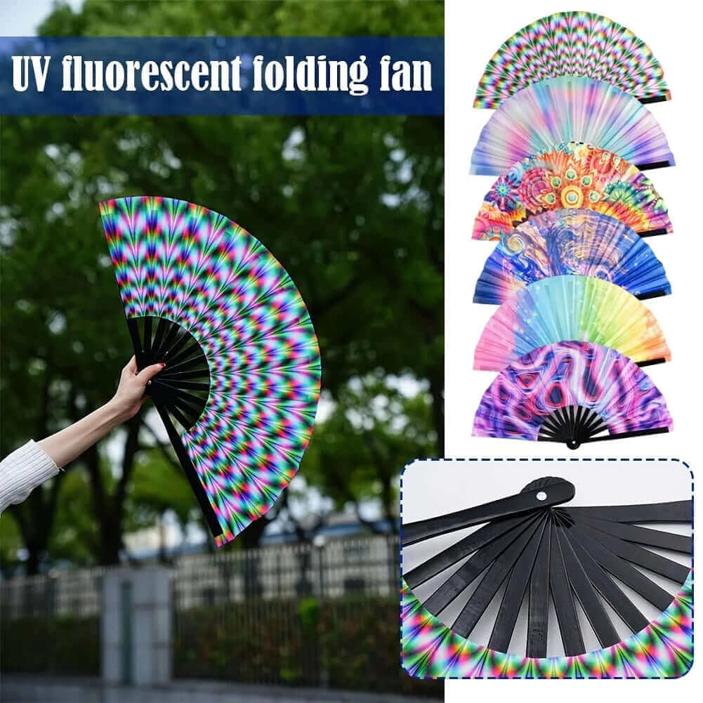 Person holding RaveFather UV Glow Folding Fan with vibrant psychedelic designs in hand outdoors.