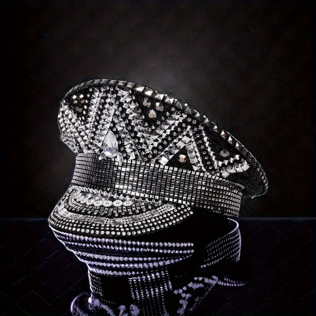 Close-up of RaveFather Rhinestone Hat showcasing the detailed rhinestone work and edgy design