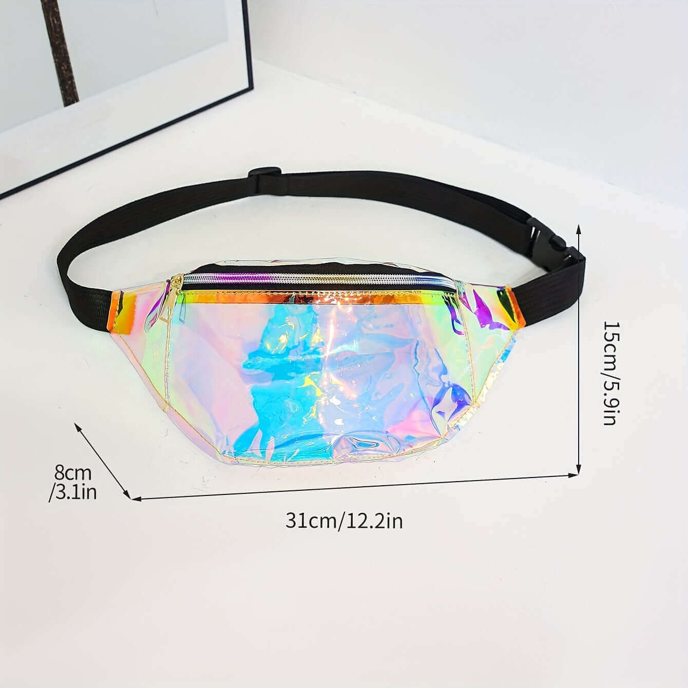 RaveFather Holographic Festival Fanny Pack with color-changing design, dimensions shown: 31cm x 15cm x 8cm, adjustable black strap