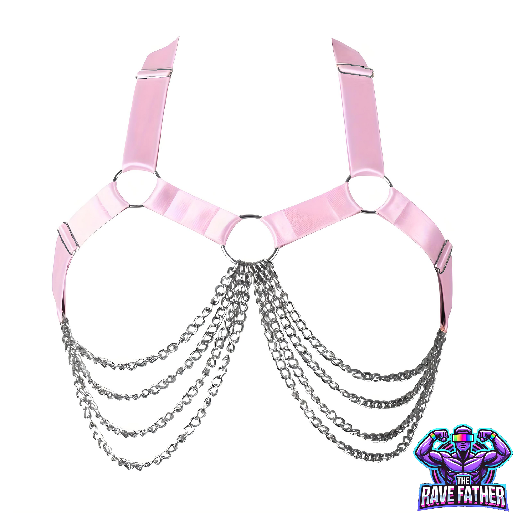 Pink adjustable gothic body chain harness with metal chains, perfect for festival fashion and rave outfits.