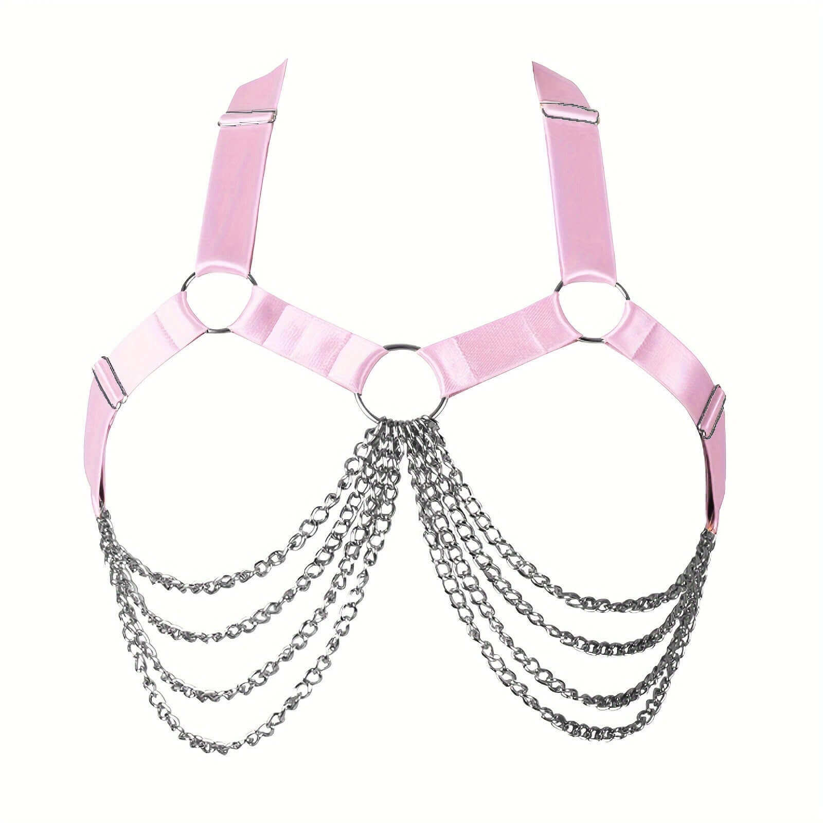 Pink adjustable gothic body chain harness with metal chains, perfect for festival fashion and rave outfits.