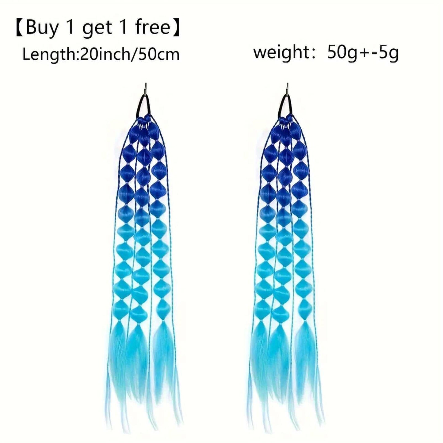 RaveFather Electric Glow Braided Hair Extensions in blue, buy 1 get 1 free offer, 20-inch length, 50g weight