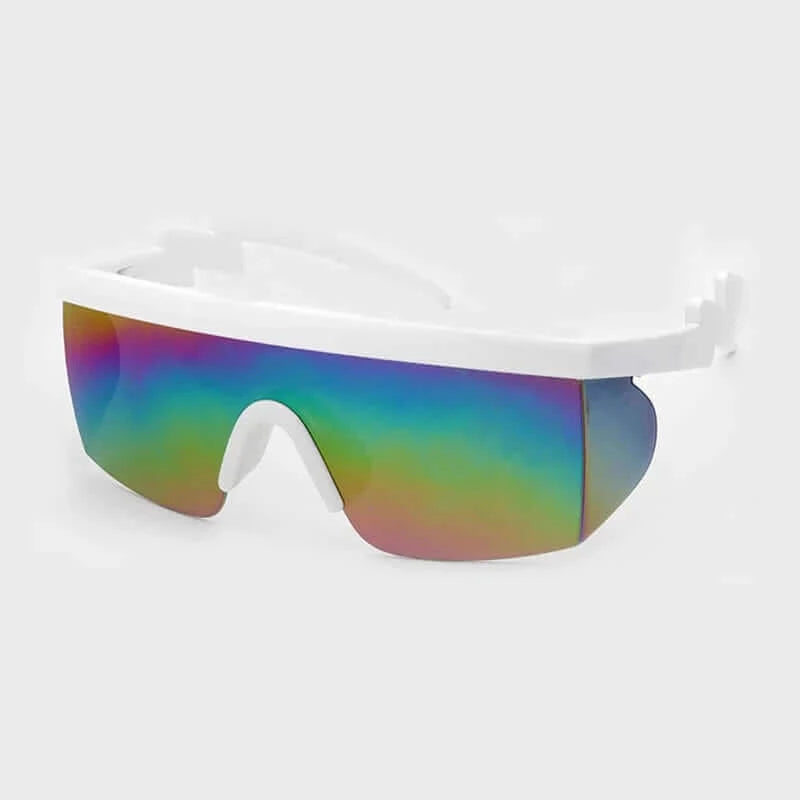 RaveFather vintage sunglasses with rainbow lenses on white background, combining classic design and modern flair for festival style and UV protection