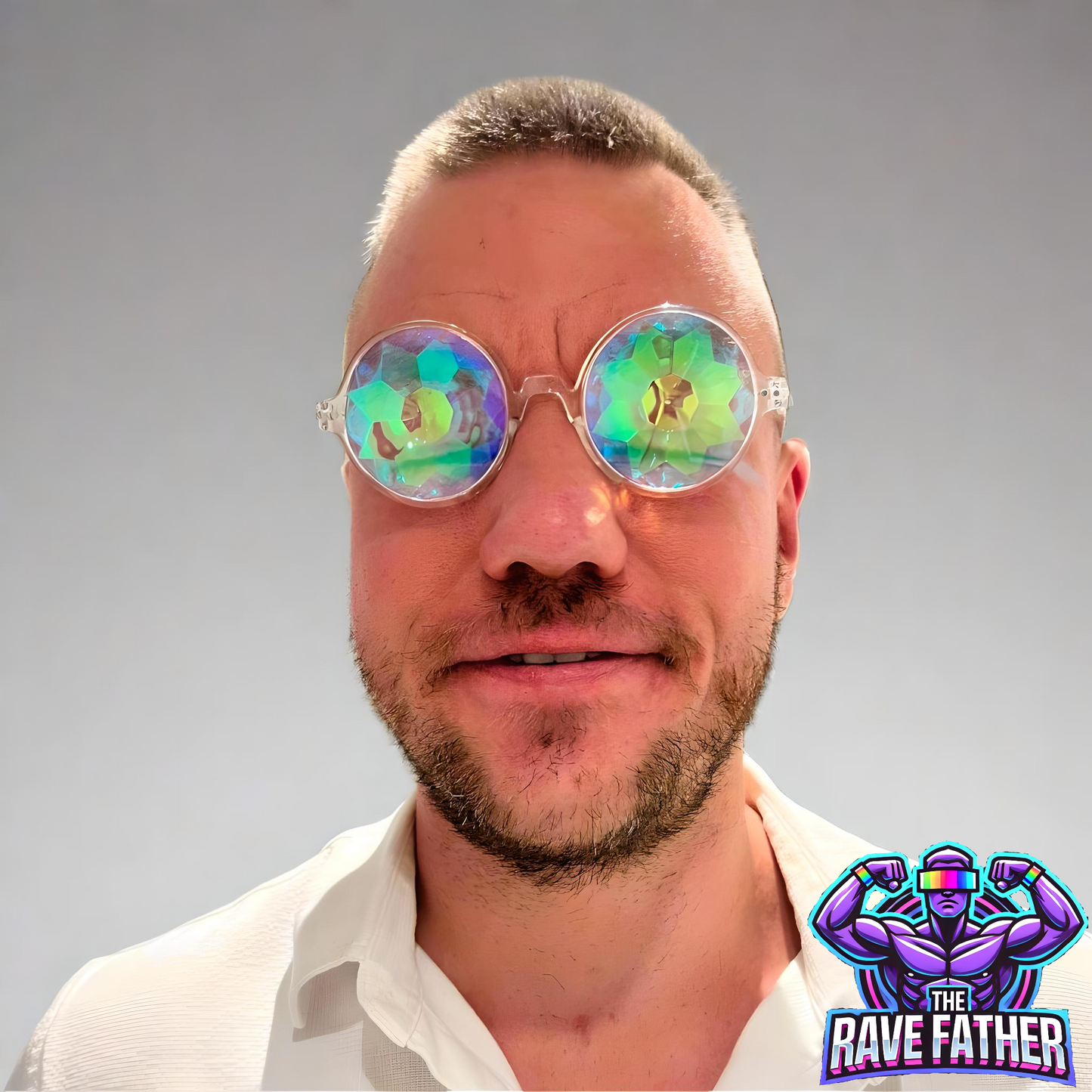 RaveFather wearing RaveFather Mind-Bending Visuals Glasses with kaleidoscopic lenses in vivid colors for a psychedelic light and music experience.