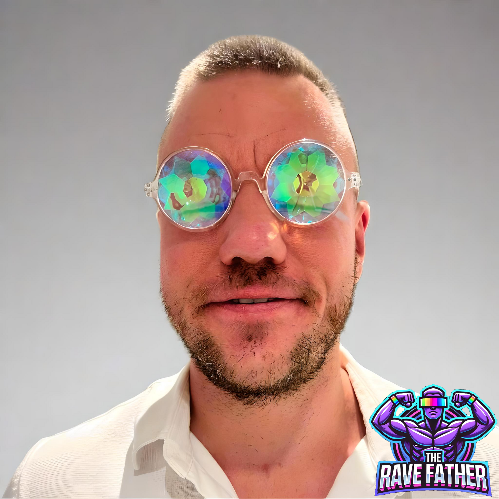 RaveFather wearing RaveFather Mind-Bending Visuals Glasses with kaleidoscopic lenses in vivid colors for a psychedelic light and music experience.