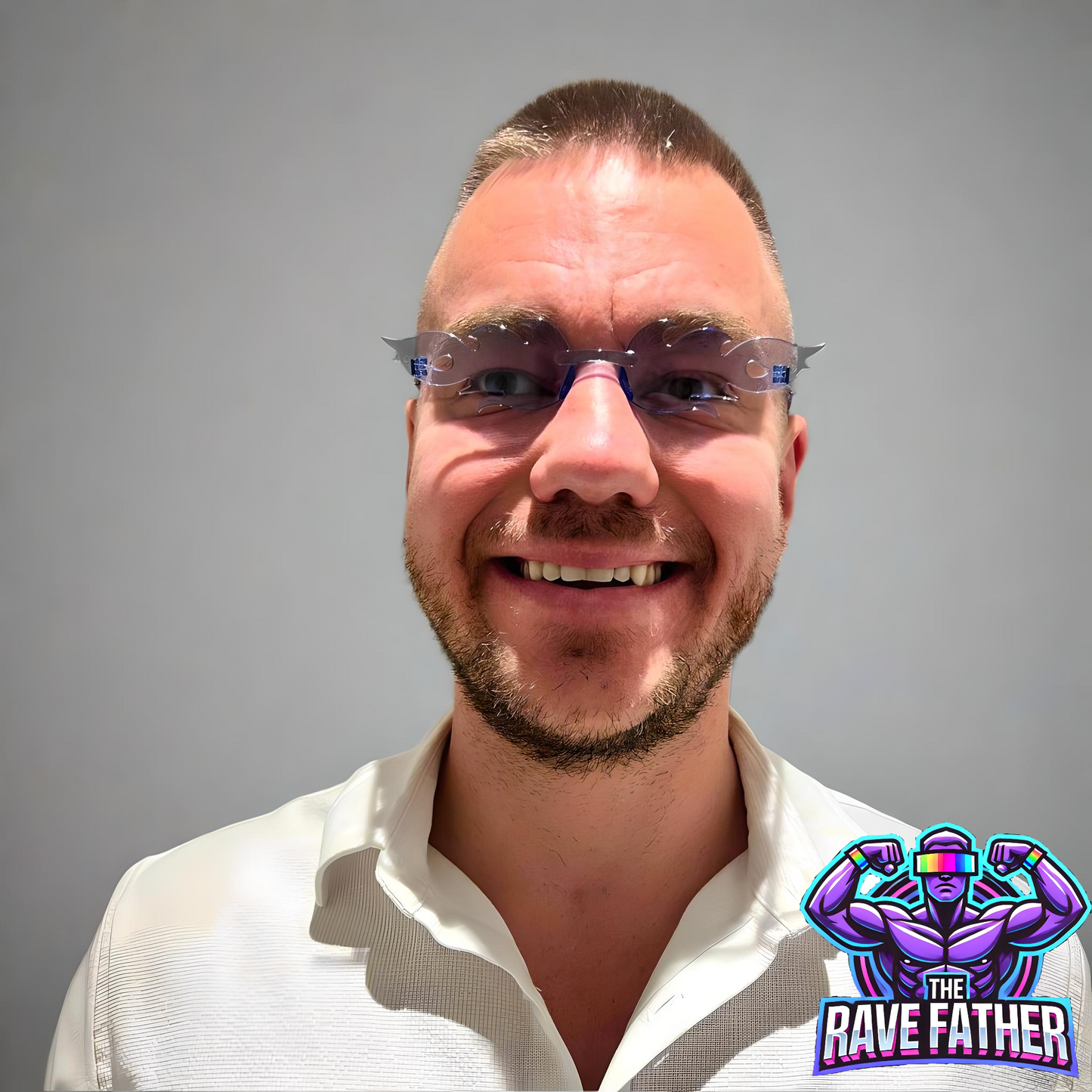 RaveFather wearing BlazeGaze Glasses with flame-inspired red lenses and bold design