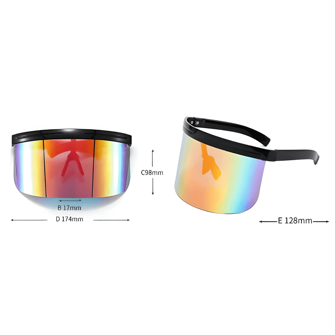 RaveFather Oversized Rave Visor with rainbow tint and dimensions 98mm height, 174mm width, and 128mm depth.