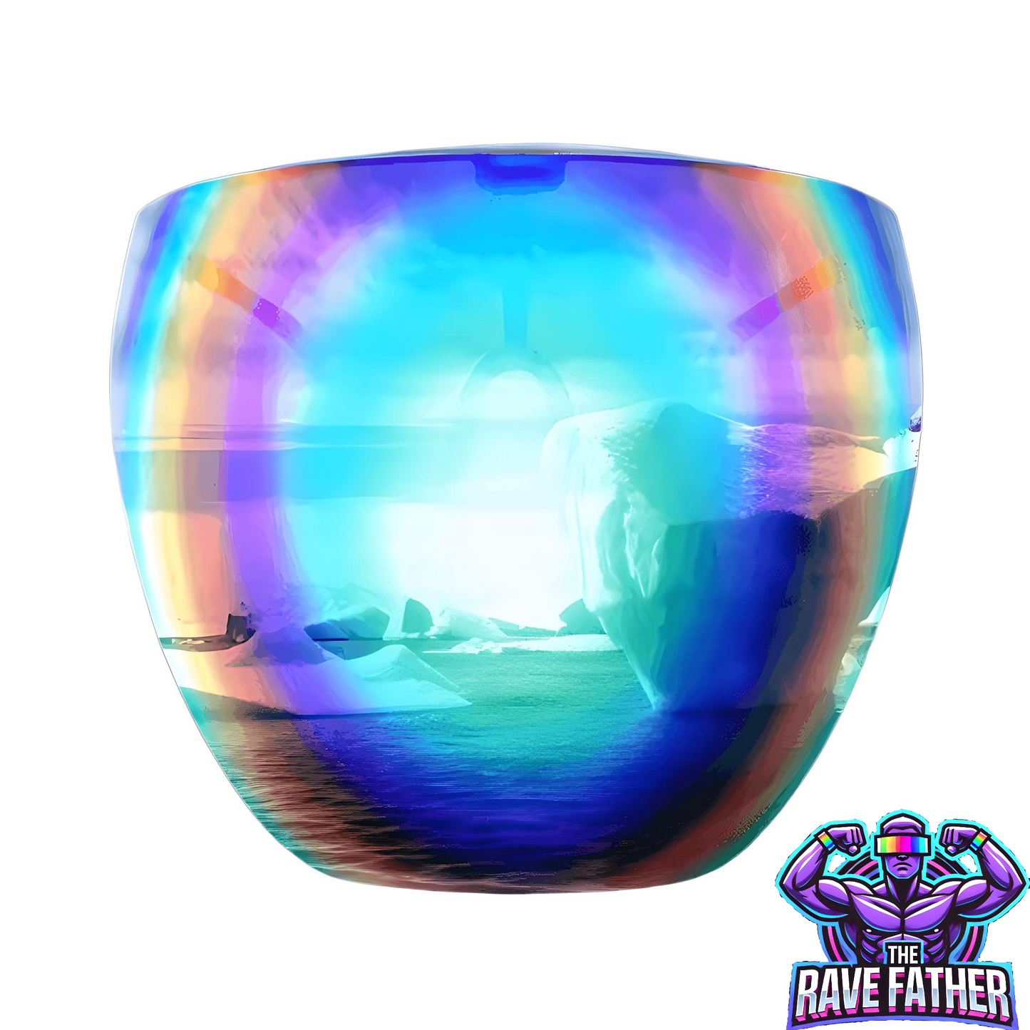 RaveFather Rave Mask with unique and intricate design, reflecting vibrant colors against an icy backdrop, enhancing festival style.