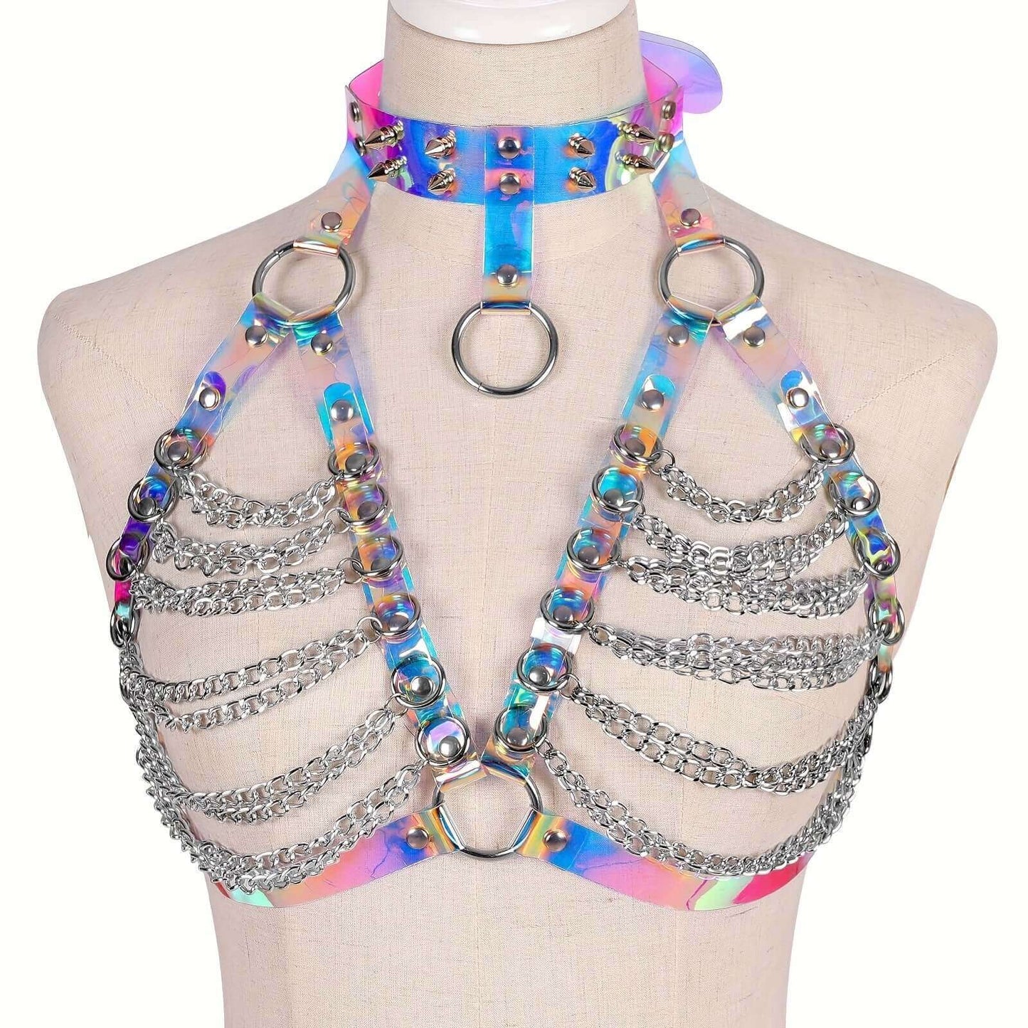 Gothic leather harness top with metal chains and rainbow straps on mannequin