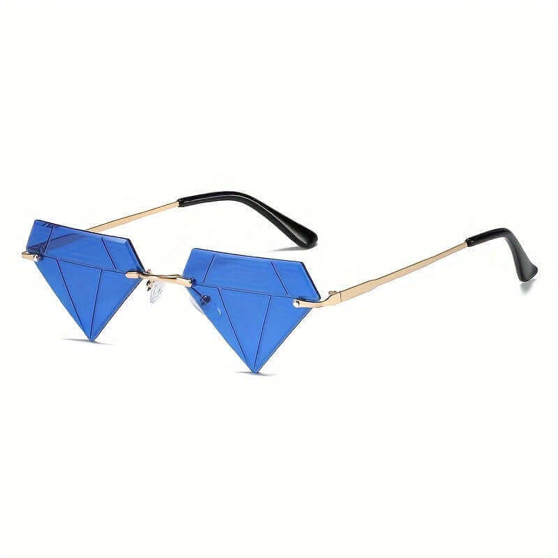 Blue diamond cut festival sunglasses by RaveFather with geometric lenses and gold frames. Perfect for raves and festivals.