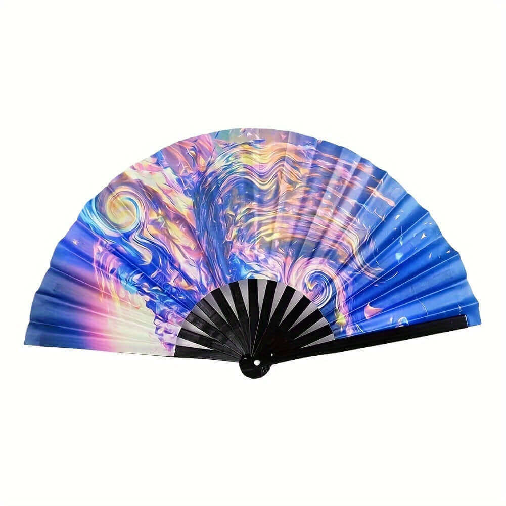 RaveFather UV Glow Folding Fan with vibrant psychedelic design, perfect for festivals and raves, featuring a mesmerizing glow under UV light.