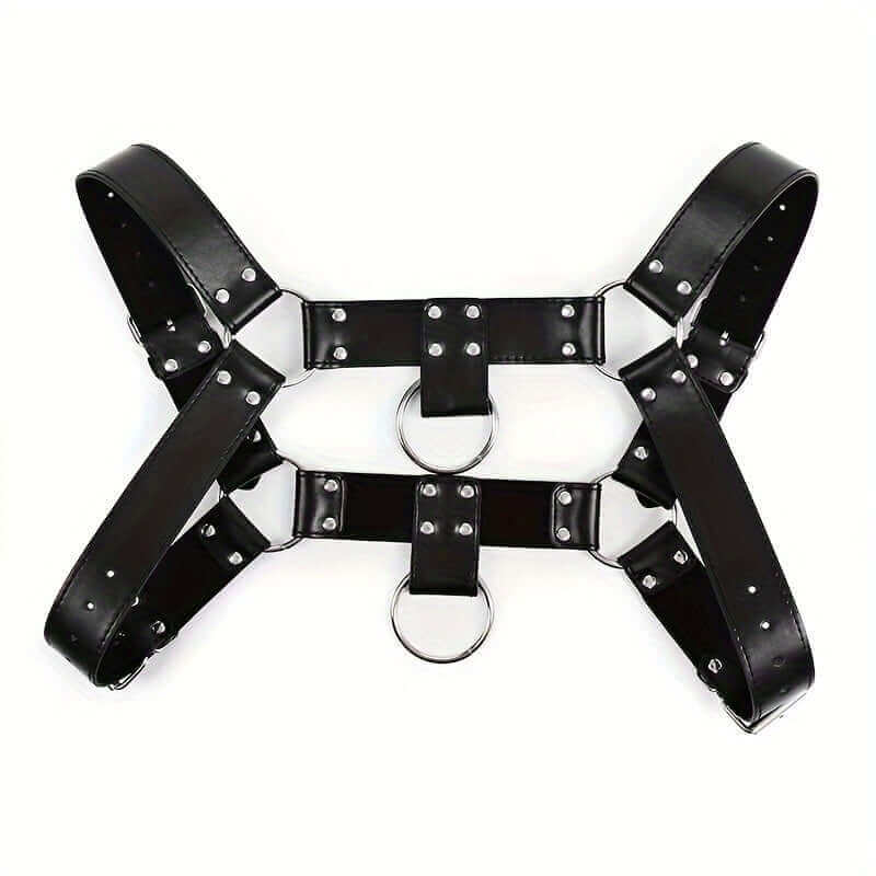 Close-up of RaveFather Leather Body Harness highlighting metal rings and buckle accents