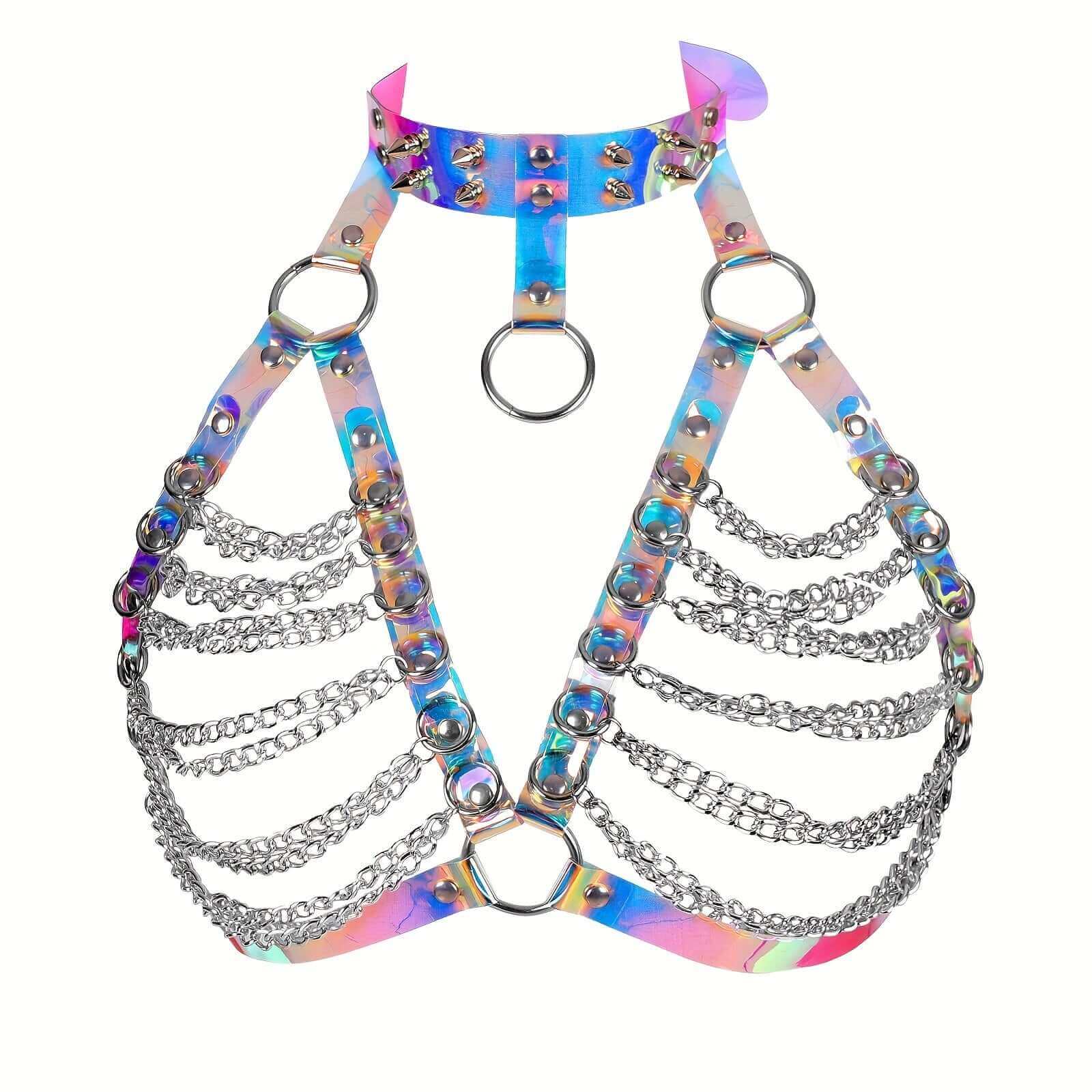 Holographic leather harness top with metal chains and O-rings in bold gothic style