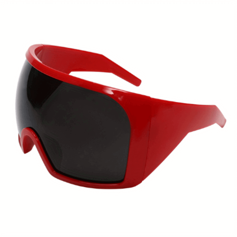 RaveFather Eclipse Enigma Sunglasses with red frame and sleek black lenses, combining futuristic edge and timeless elegance.