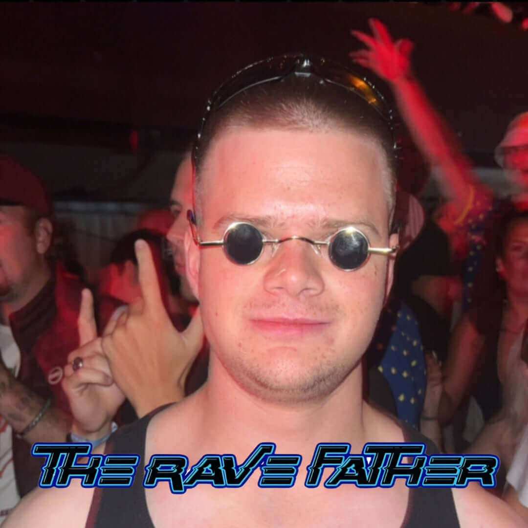 Person enjoying festival with RaveFather Gear Up for the Beat Glasses in a vibrant crowd.