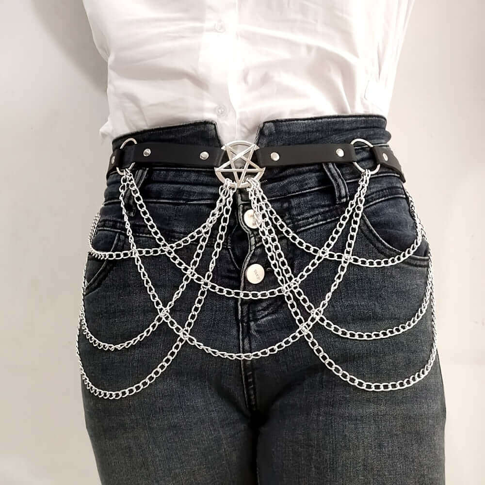 Side view of RaveFather Phantom Chains Belt demonstrating its gothic-inspired design and adjustable fit