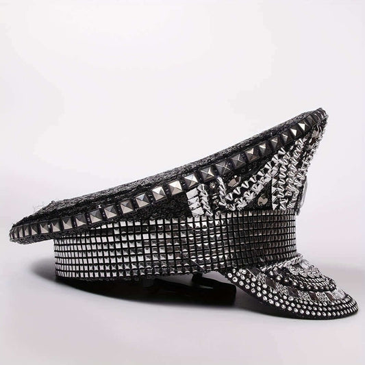 Front view of RaveFather Rhinestone Hat in black and silver with a luxurious rhinestone-covered brim