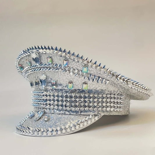 Front view of RaveFather Spiked Commander Hat in silver with shining spikes and intricate embellishments