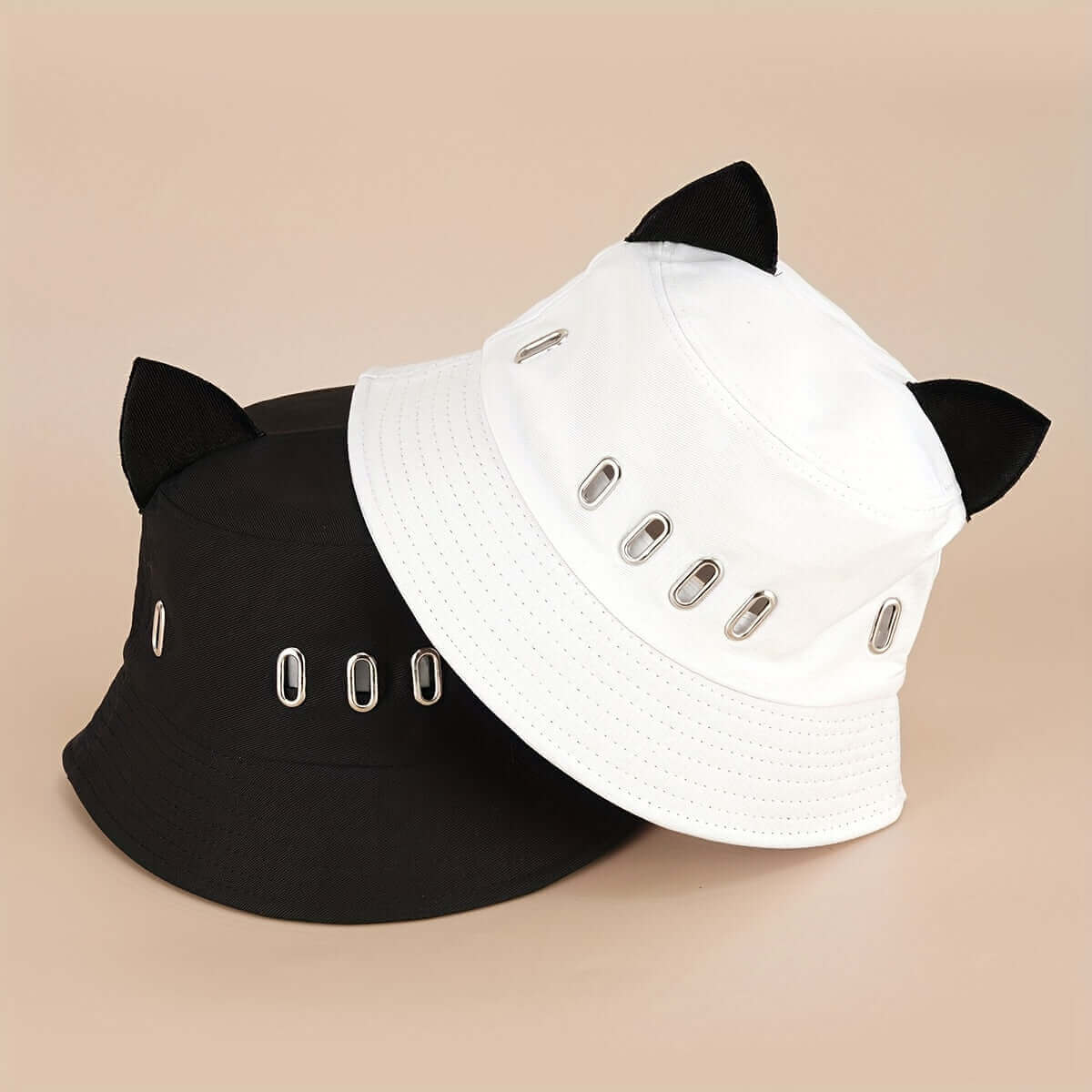 RaveFather Cat Ears Hollow Bucket Hat - Displayed flat to showcase the full design and structure.