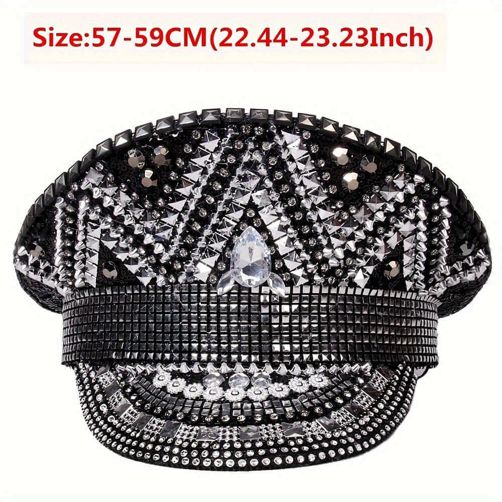 Side view of RaveFather Rhinestone Hat Black Silver highlighting the intricate detailing and shimmering design